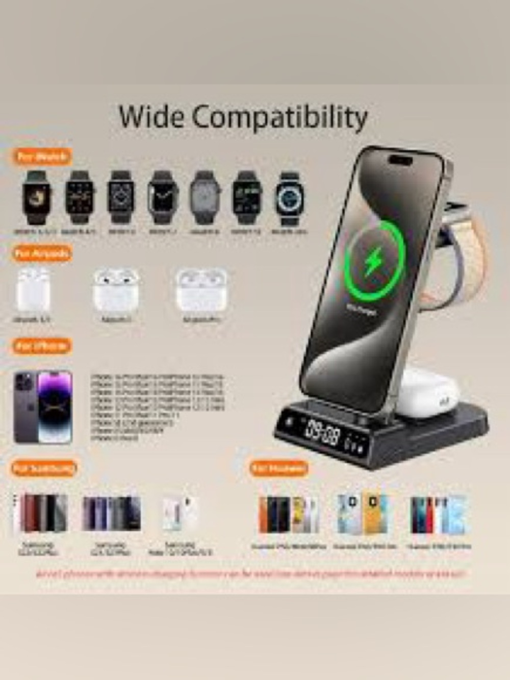3 in 1 Wireless Fast Charging Station for Multiple Devices w/Digital Clock - New - Picture 2 of 9